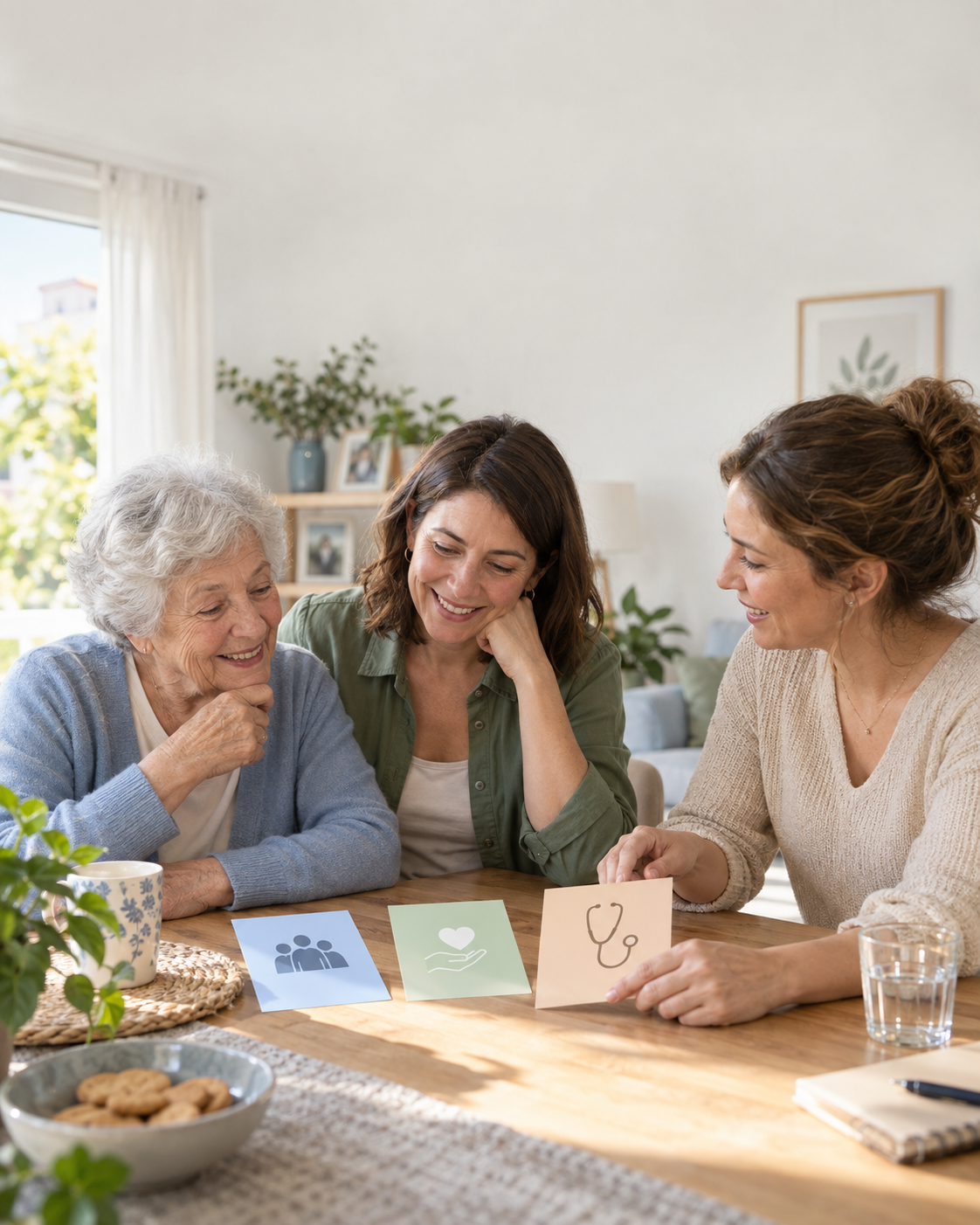 Familia conversando sobre compañía y cuidados