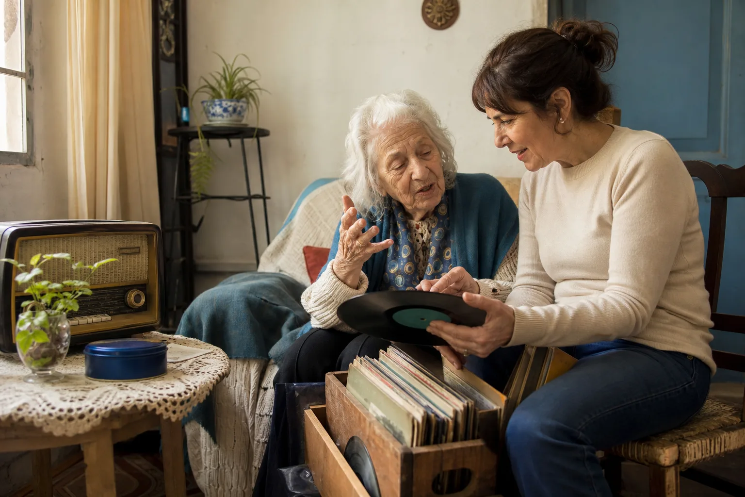 Dos mujeres eligen un disco junto a una radio antigua