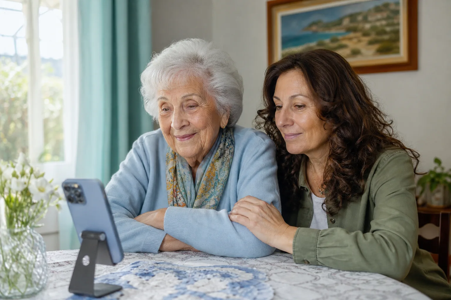 Dos mujeres realizan una videollamada desde una mesa